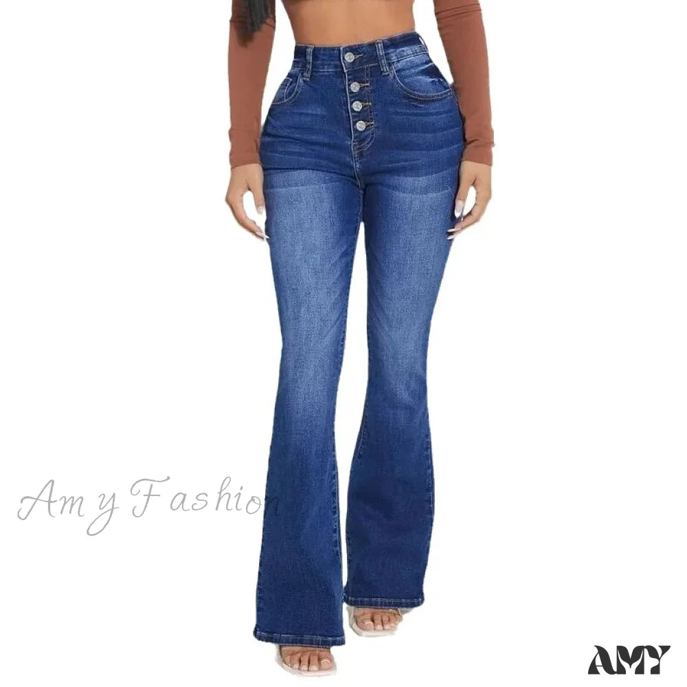 Amy Fashion - Stretch Slim Flare Button Fly High Waist Full Length Vintage Jean