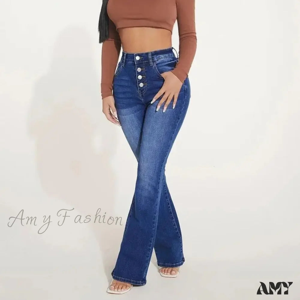 Amy Fashion - Stretch Slim Flare Button Fly High Waist Full Length Vintage Jean