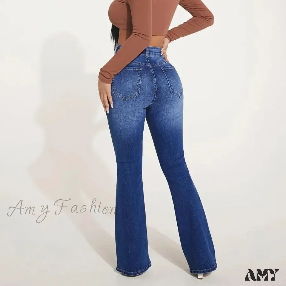 Amy Fashion - Stretch Slim Flare Button Fly High Waist Full Length Vintage Jean