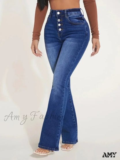 Amy Fashion - Stretch Slim Flare Button Fly High Waist Full Length Vintage Jean