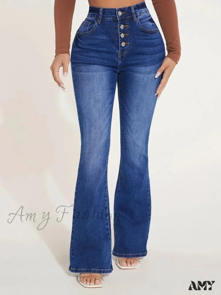 Amy Fashion - Stretch Slim Flare Button Fly High Waist Full Length Vintage Jean