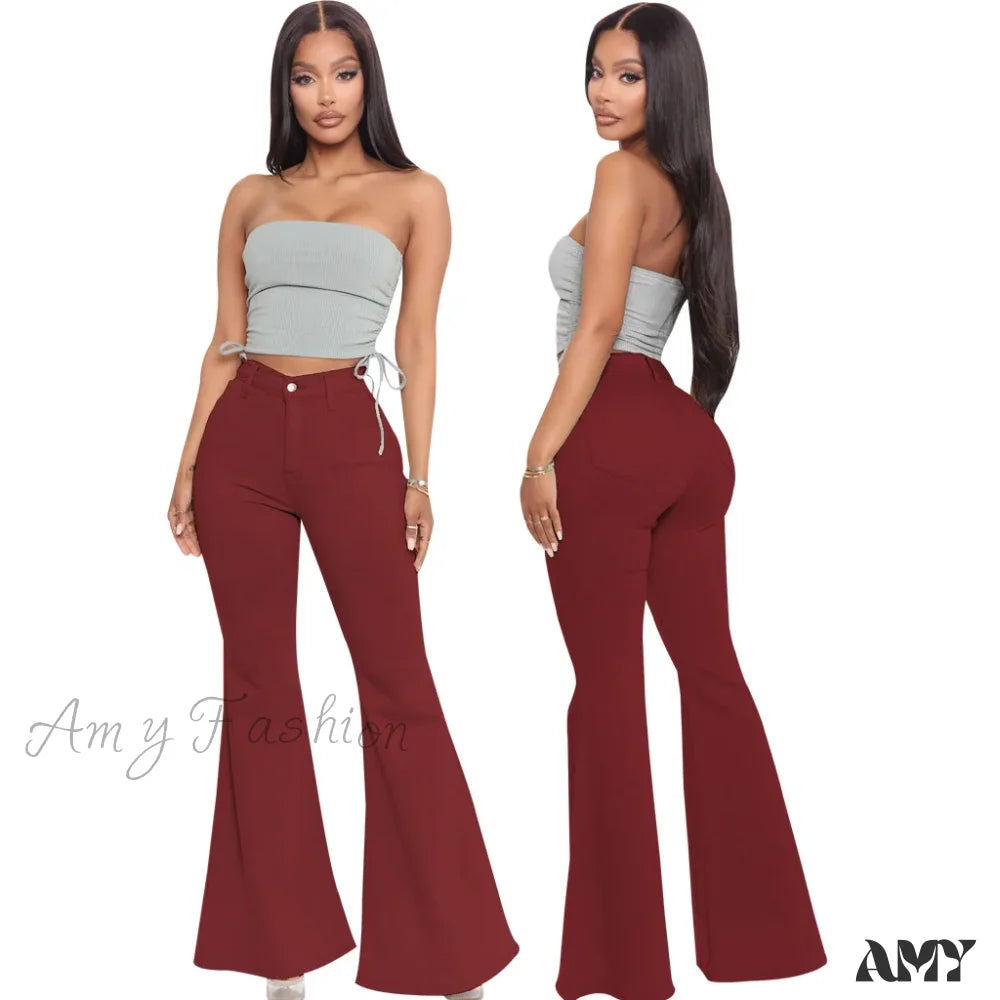 Amy Fashion - Stretch Slim Flare For Women Pink Bell Bottom 2024 High Waist Skinny Boot-Cut Denim