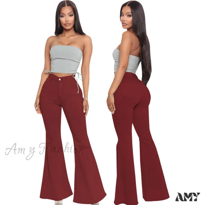 Amy Fashion - Stretch Slim Flare For Women Pink Bell Bottom 2024 High Waist Skinny Boot-Cut Denim