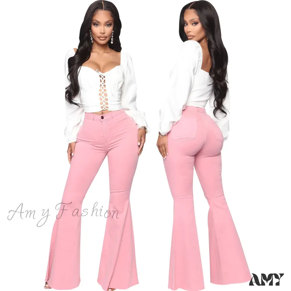 Amy Fashion - Stretch Slim Flare For Women Pink Bell Bottom 2024 High Waist Skinny Boot-Cut Denim