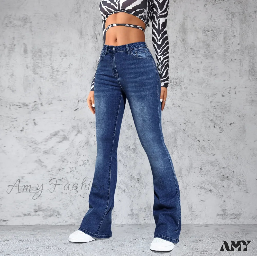 Amy Fashion - Stretch Slim Retro High Waist Stitched Washed Bell-Bottom Denim Jean