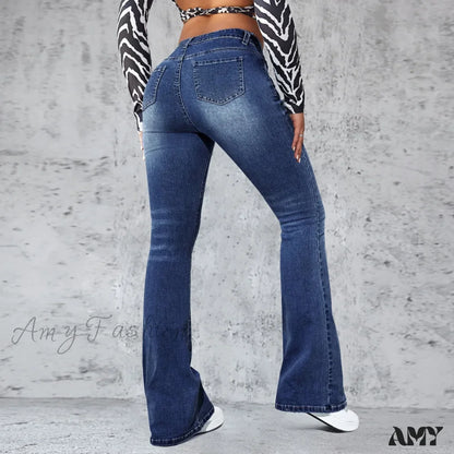 Amy Fashion - Stretch Slim Retro High Waist Stitched Washed Bell-Bottom Denim Jean