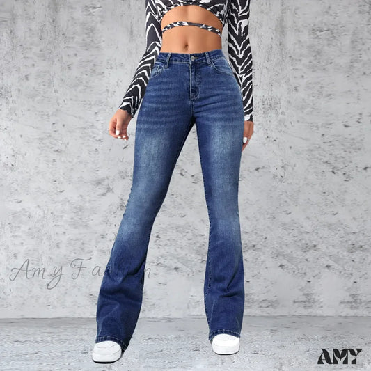 Amy Fashion - Stretch Slim Retro High Waist Stitched Washed Bell-Bottom Denim Jean Blue / S