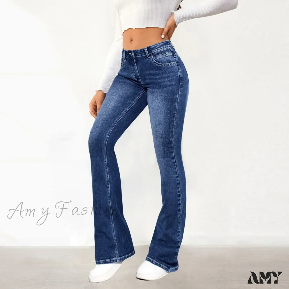 Amy Fashion - Stretch Slim Retro High Waist Stitching Washed Bell-Bottom Fashionable Stylish