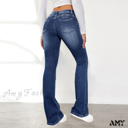 Amy Fashion - Stretch Slim Retro High Waist Stitching Washed Bell-Bottom Fashionable Stylish