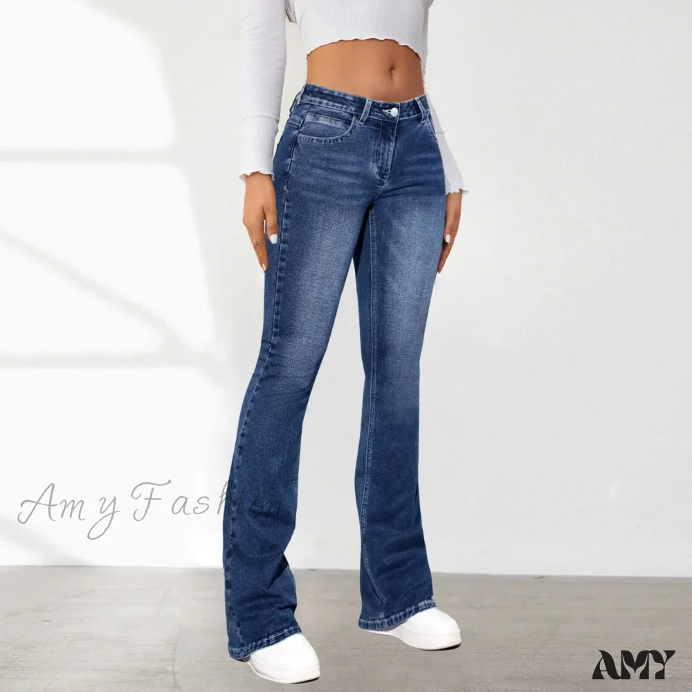 Amy Fashion - Stretch Slim Retro High Waist Stitching Washed Bell-Bottom Fashionable Stylish