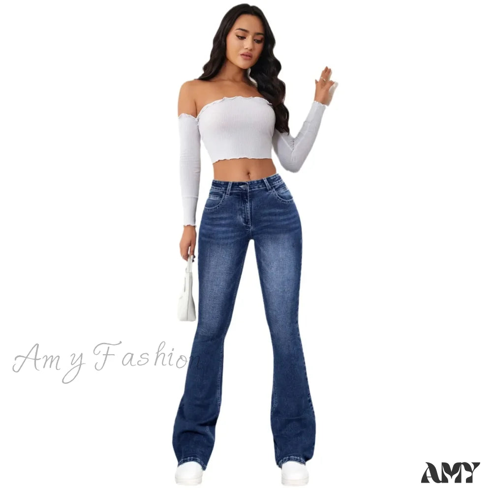 Amy Fashion - Stretch Slim Retro High Waist Stitching Washed Bell-Bottom Fashionable Stylish