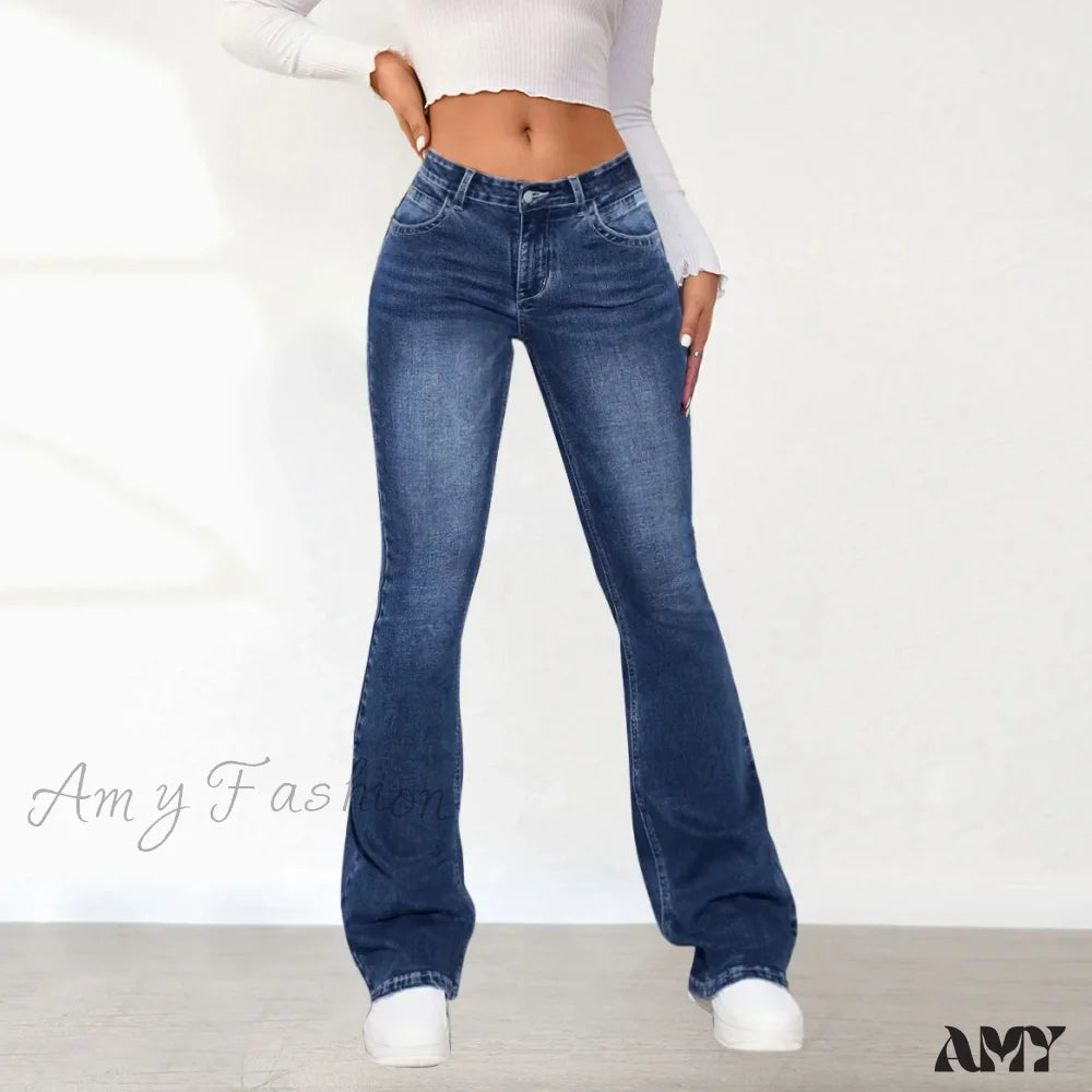 Amy Fashion - Stretch Slim Retro High Waist Stitching Washed Bell-Bottom Fashionable Stylish