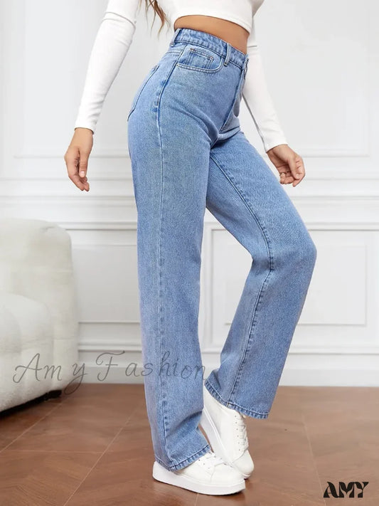 Amy Fashion - Stretch Straight-Leg Denim Trousers Women Loose Straight Washed Pants 2024 Fall