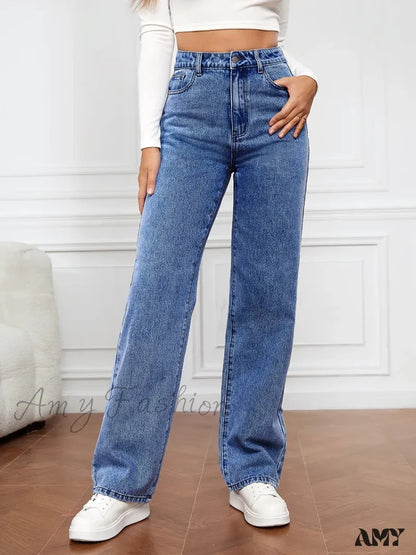 Amy Fashion - Stretch Straight-Leg Denim Trousers Women Loose Straight Washed Pants 2024 Fall