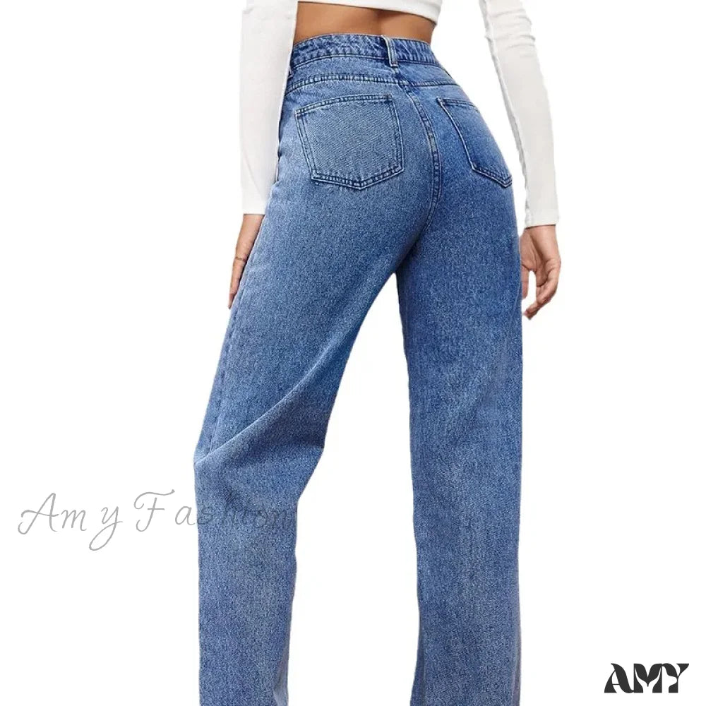 Amy Fashion - Stretch Straight-Leg Denim Trousers Women Loose Straight Washed Pants 2024 Fall