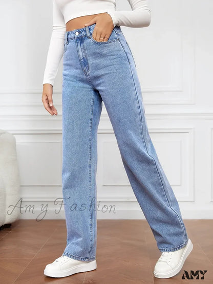 Amy Fashion - Stretch Straight-Leg Denim Trousers Women Loose Straight Washed Pants 2024 Fall