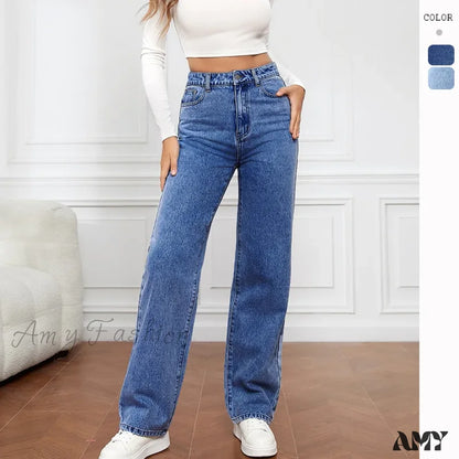 Amy Fashion - Stretch Straight-Leg Denim Trousers Women Loose Straight Washed Pants 2024 Fall