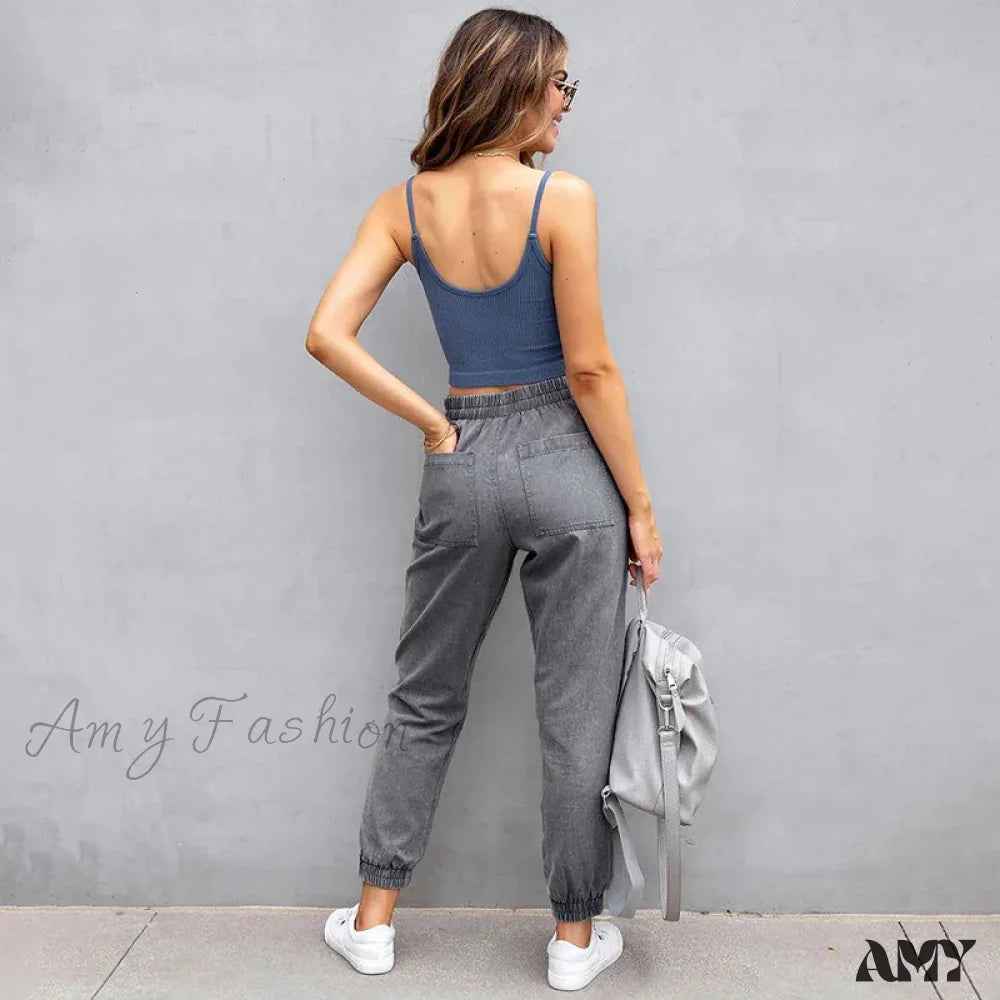 Amy Fashion - Stretch Women High Waist Wide Leg Casual Pocket Drawstring Clothing Mom Jean