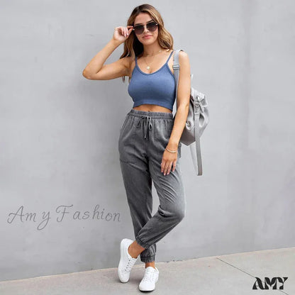 Amy Fashion - Stretch Women High Waist Wide Leg Casual Pocket Drawstring Clothing Mom Jean