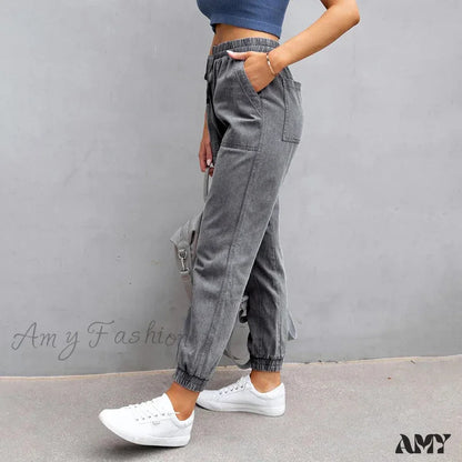 Amy Fashion - Stretch Women High Waist Wide Leg Casual Pocket Drawstring Clothing Mom Jean