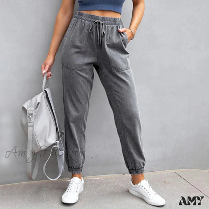 Amy Fashion - Stretch Women High Waist Wide Leg Casual Pocket Drawstring Clothing Mom Jean