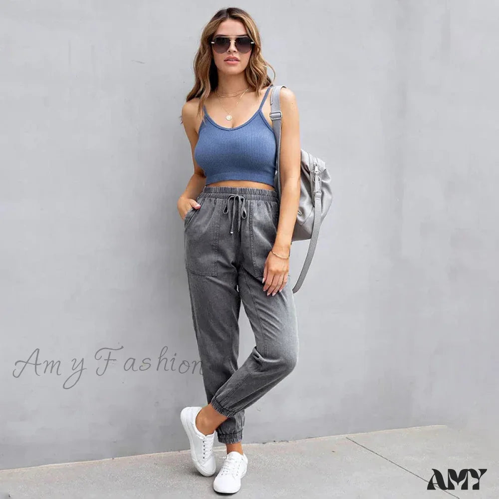 Amy Fashion - Stretch Women High Waist Wide Leg Casual Pocket Drawstring Clothing Mom Jean