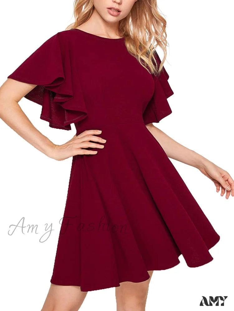 Amy Fashion - Stretchy Line Swing Flared Skater Christmas Dress Burgundy / X-Small