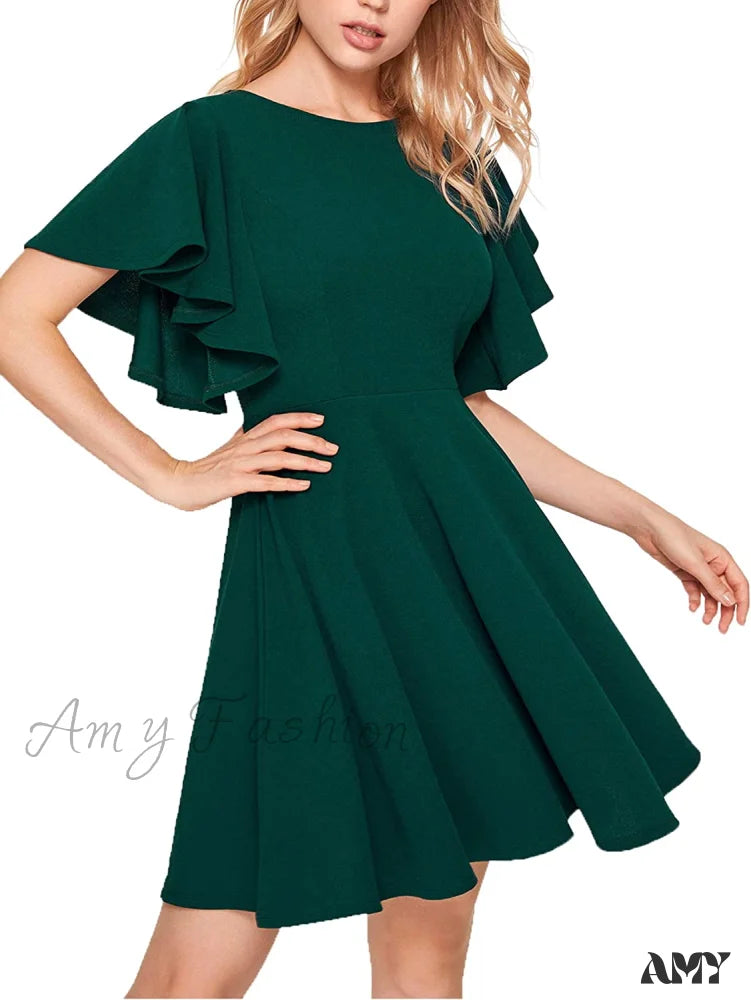 Amy Fashion - Stretchy Line Swing Flared Skater Christmas Dress Dark Green / Medium