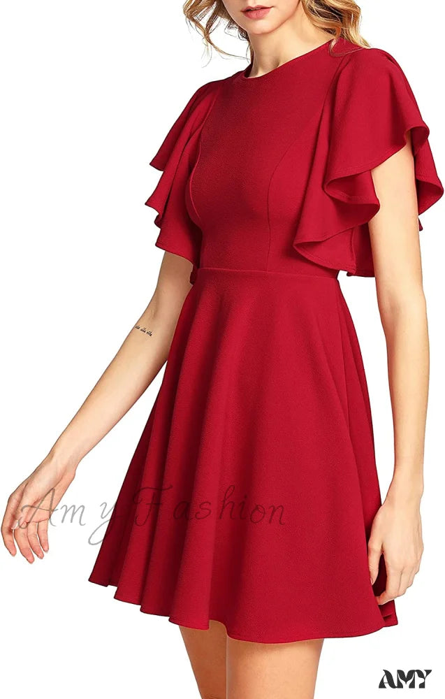 Amy Fashion - Stretchy Line Swing Flared Skater Christmas Dress Red / Medium