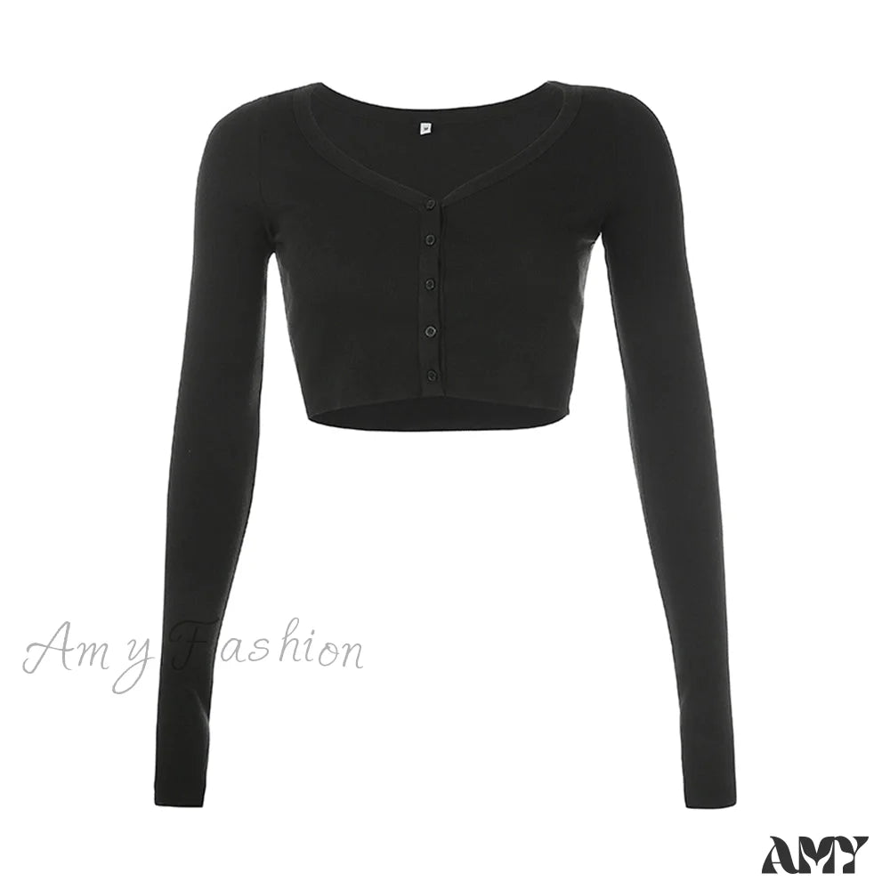 Amy Fashion - Stretchy Long Sleeve Crop Tops Cardigan Black / S
