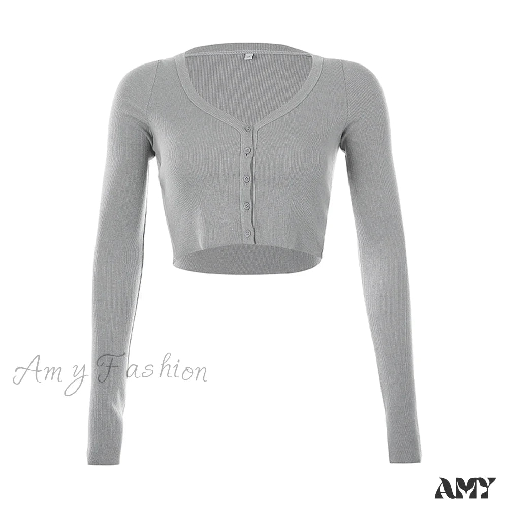 Amy Fashion - Stretchy Long Sleeve Crop Tops Cardigan Gray / S