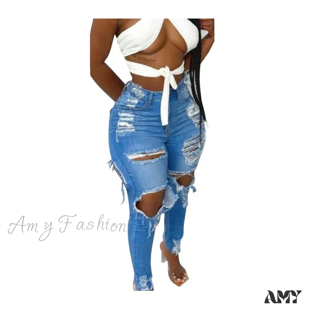 Amy Fashion - Stretchy Ripped High Waisted Women Skinny Autumn Winter Female Denim Jean Blue / S