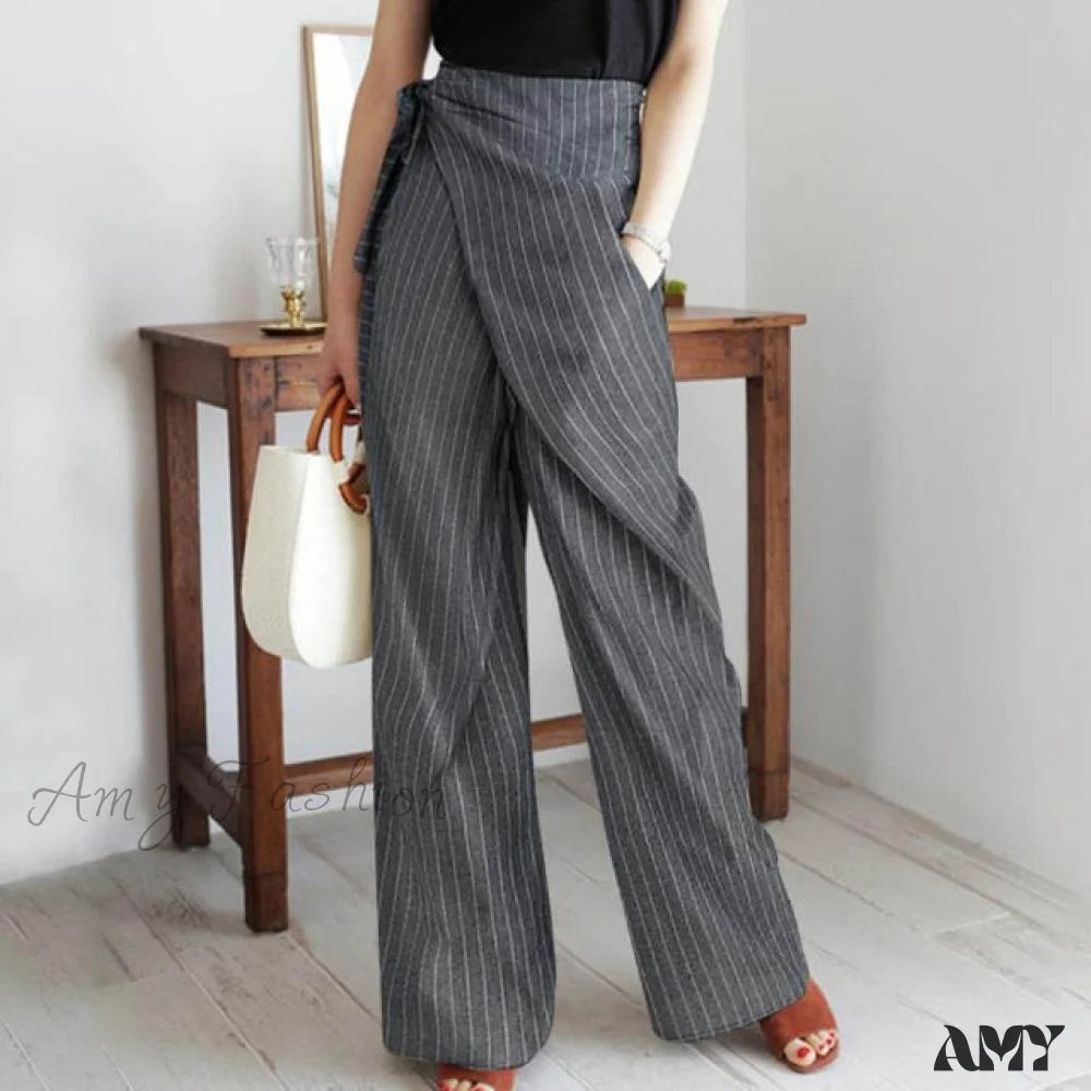 Amy Fashion - Stripe Kink Pocket Casual Pants Black / Xxxl