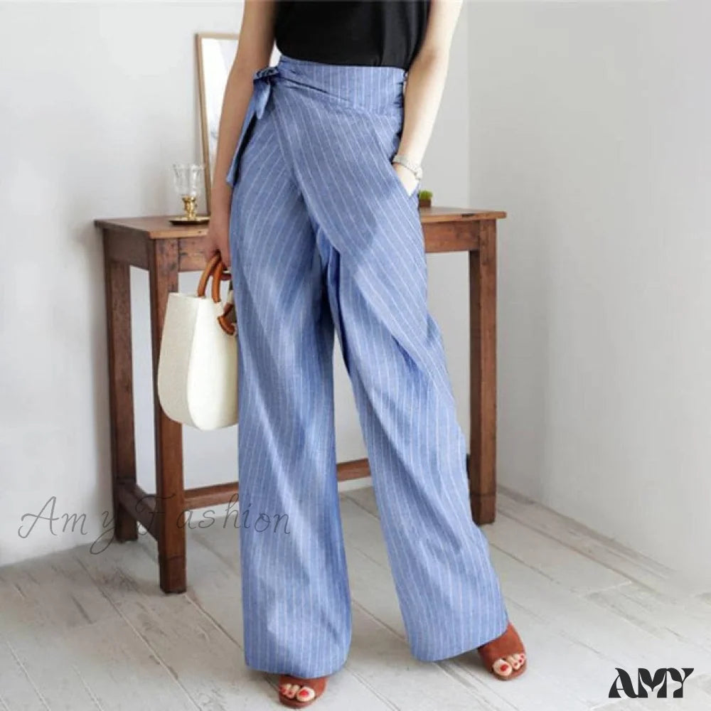 Amy Fashion - Stripe Kink Pocket Casual Pants Sky Blue / S