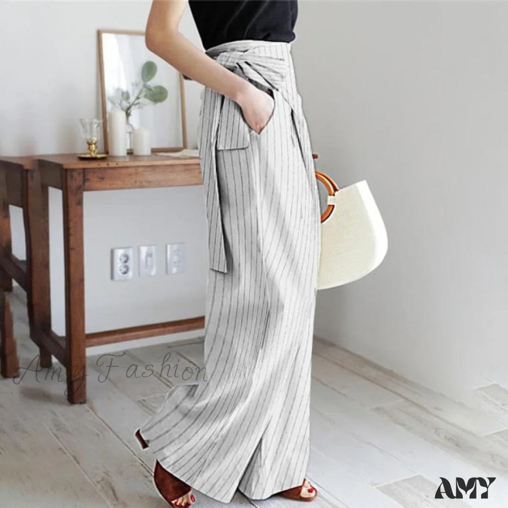 Amy Fashion - Stripe Kink Pocket Casual Pants White / Xxxl