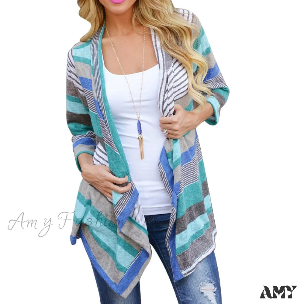 Amy Fashion - Striped Print Boho Cardigan Outwear Knitted Casual Vintage Coat