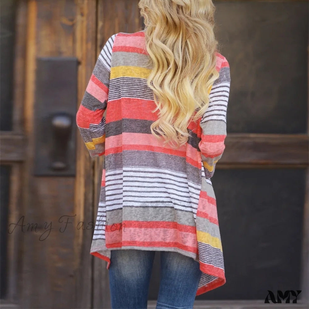 Amy Fashion - Striped Print Boho Cardigan Outwear Knitted Casual Vintage Coat