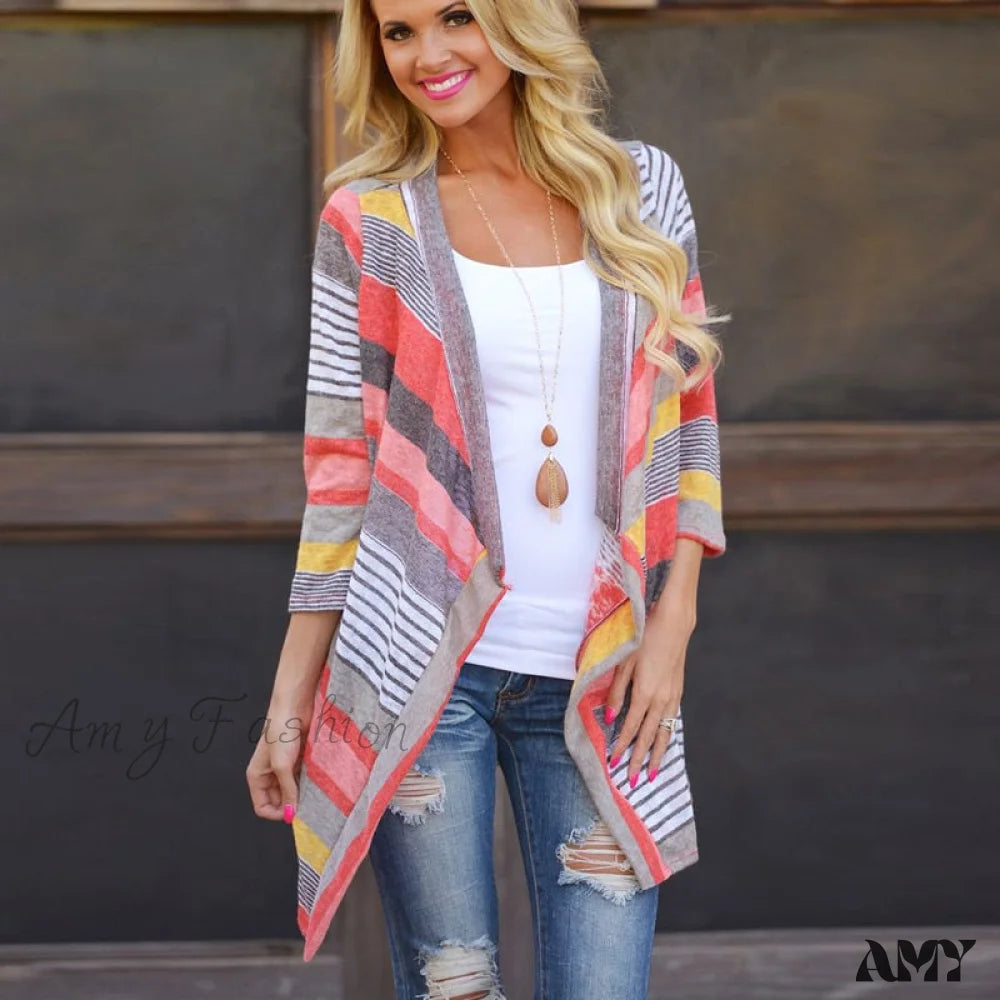 Amy Fashion - Striped Print Boho Cardigan Outwear Knitted Casual Vintage Coat