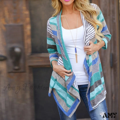 Amy Fashion - Striped Print Boho Cardigan Outwear Knitted Casual Vintage Coat