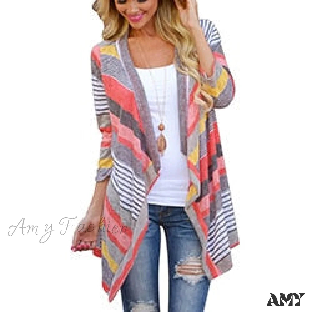 Amy Fashion - Striped Print Boho Cardigan Outwear Knitted Casual Vintage Coat Red / S