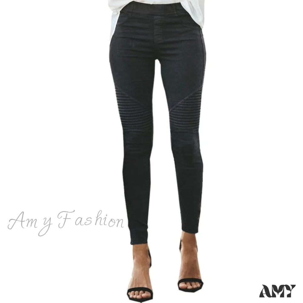 Amy Fashion - Striped Print Imitation Jean Black / S