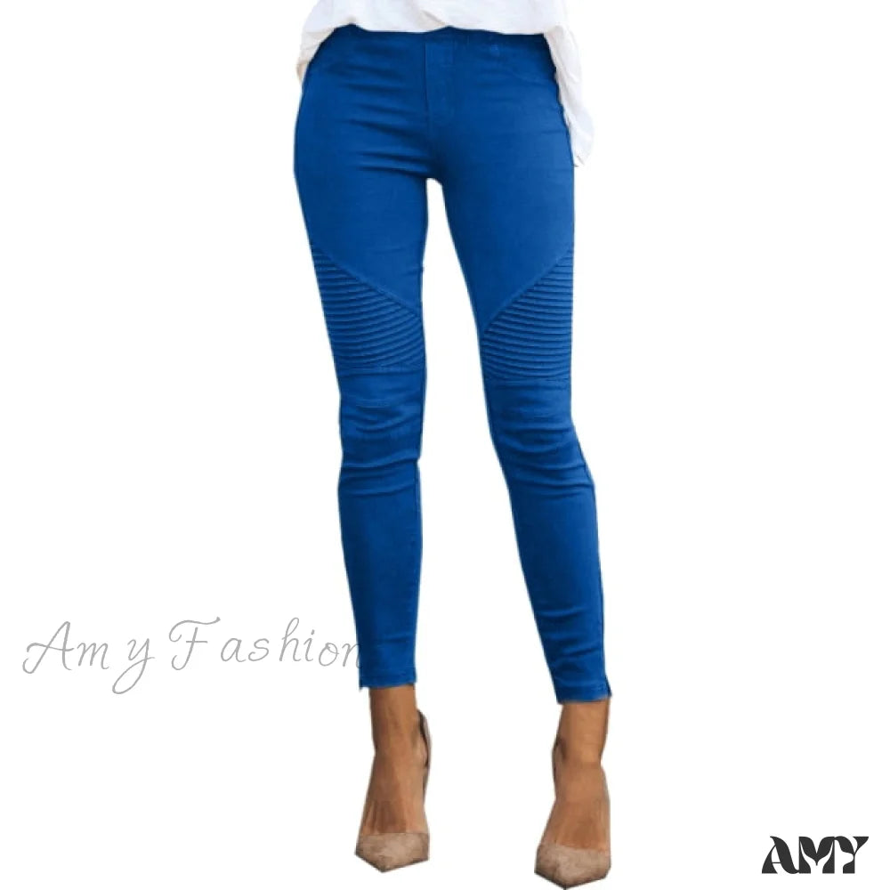 Amy Fashion - Striped Print Imitation Jean Blue / S