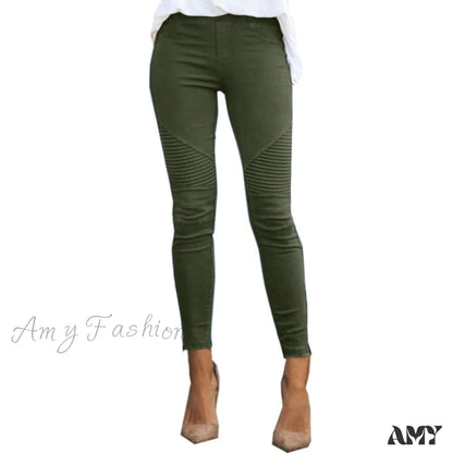 Amy Fashion - Striped Print Imitation Jean Dark Green / S