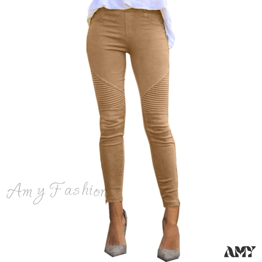 Amy Fashion - Striped Print Imitation Jean Khaki / S