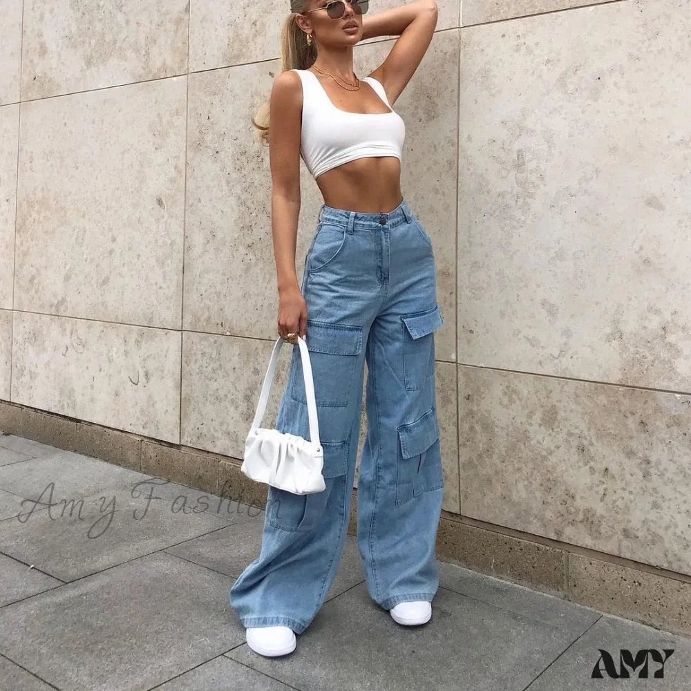 Amy Fashion - Stylish Loose High Waist Solid Color Casual Wild Wide Leg Multi Pockets Jean