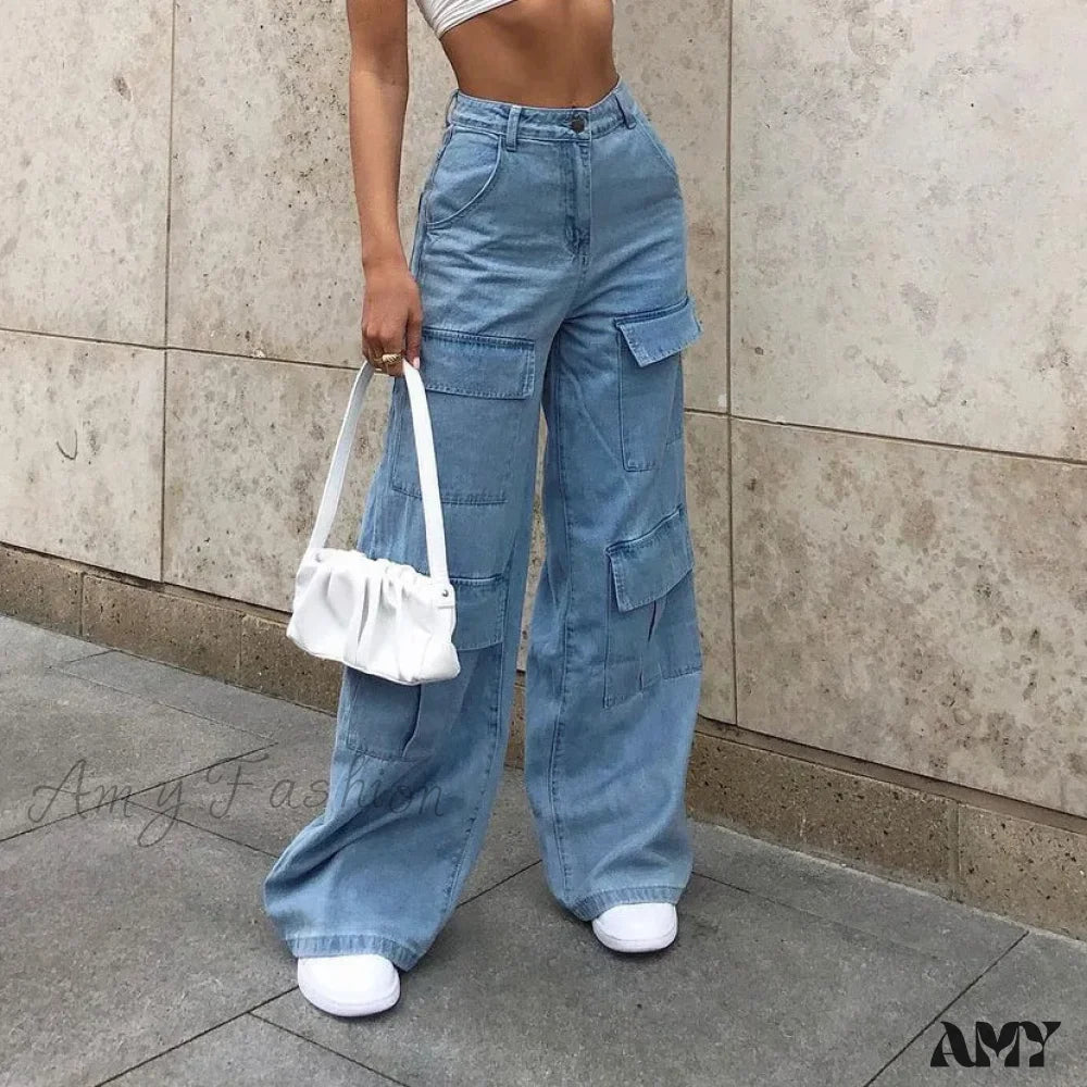 Amy Fashion - Stylish Loose High Waist Solid Color Casual Wild Wide Leg Multi Pockets Jean Blue / Xs