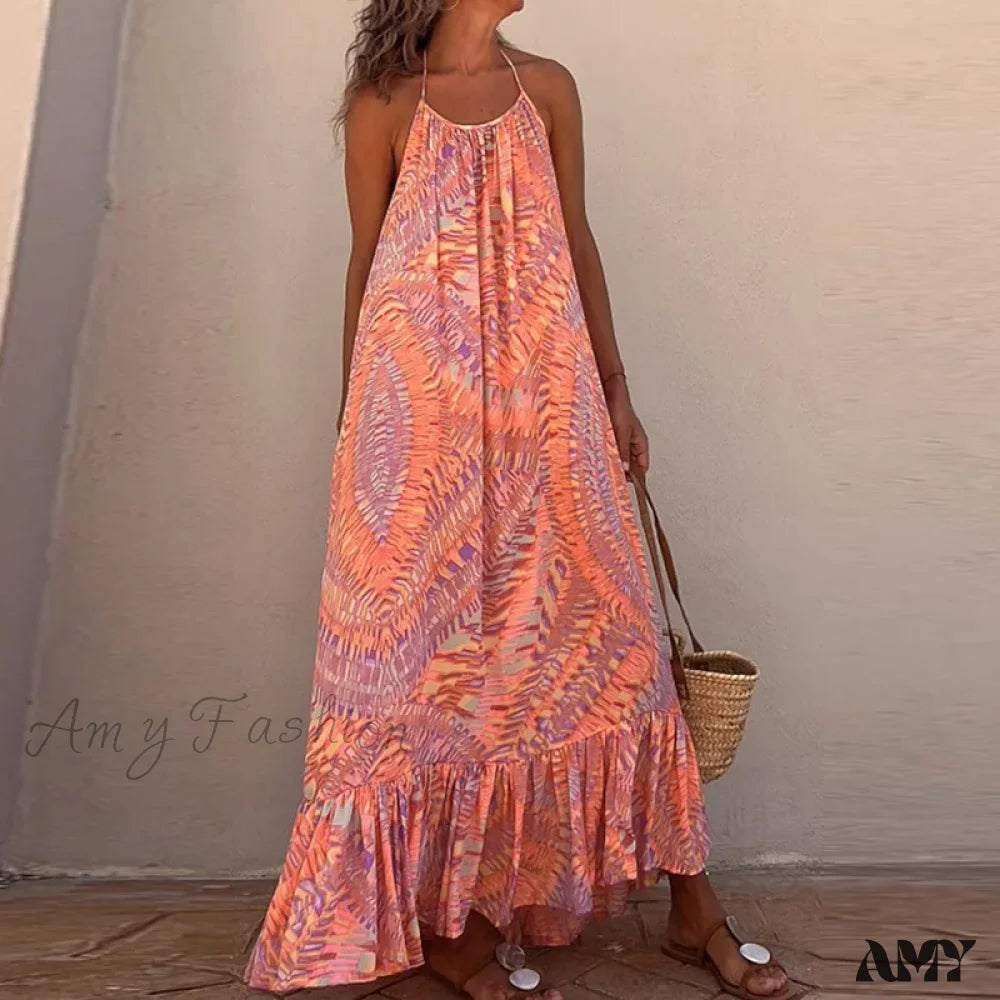 Amy Fashion - Summer Beach Lady Long Casual Loose Sleeveless Boho Dress Orange / S