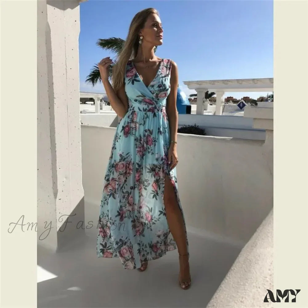 Amy Fashion - Summer Beach Party Sleeveless V-Neck Floral Long Boho Dress