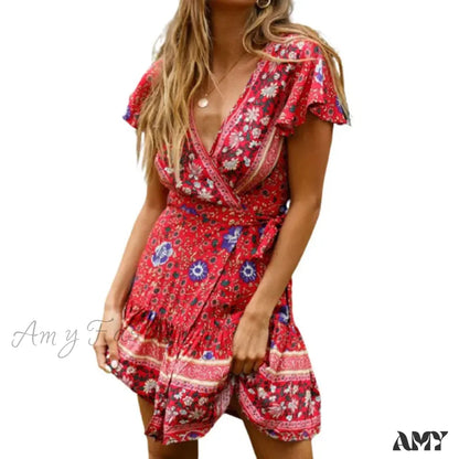 Amy Fashion - Summer Boho Floral Print Mini Wrap Beach Dress