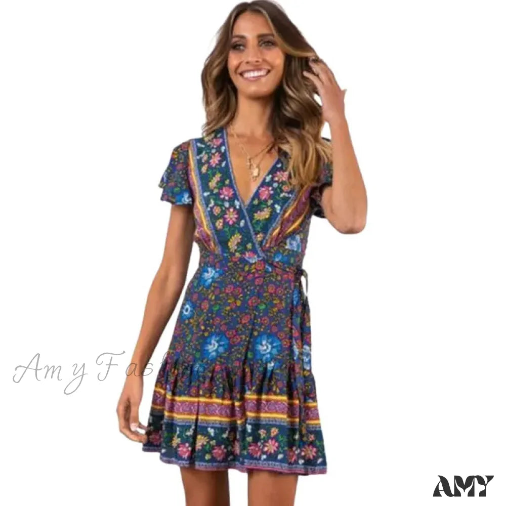 Amy Fashion - Summer Boho Floral Print Mini Wrap Beach Dress